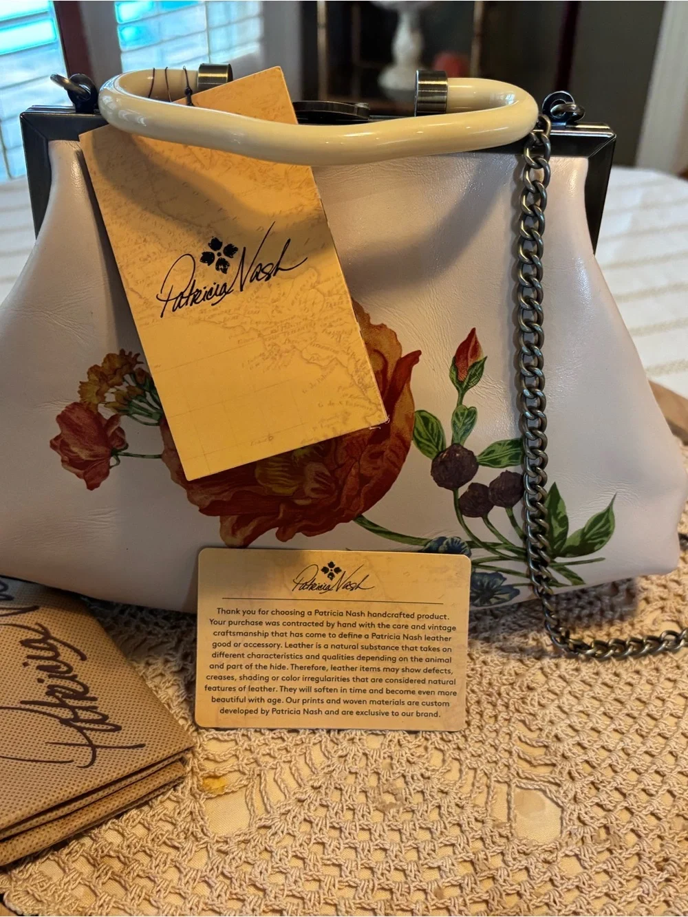 Patricia Nash Cream Floral Frame-Top Crossbody with Chain